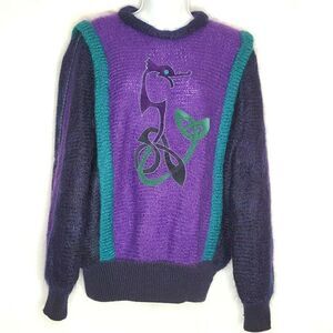 Vintage Mohair Sweater Sz M Celtic Seahorse Serpent Navy Blue Purple Teal Irish